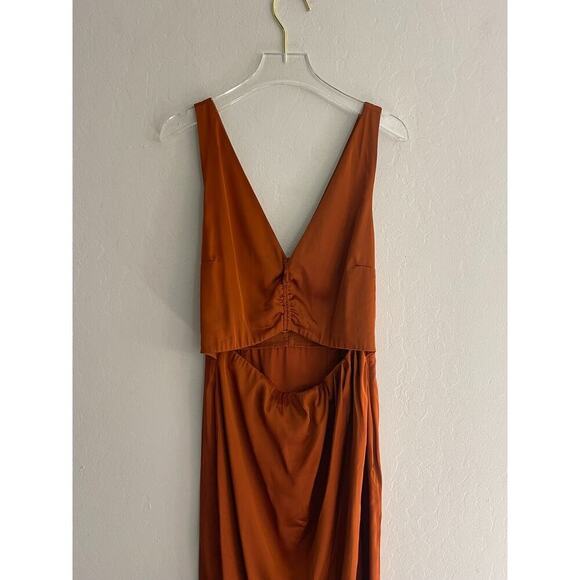 Abercrombie & Fitch Slip Dress S Midi Burnt Orange Satin Cinch Front Slit NEW - Picture 4 of 9